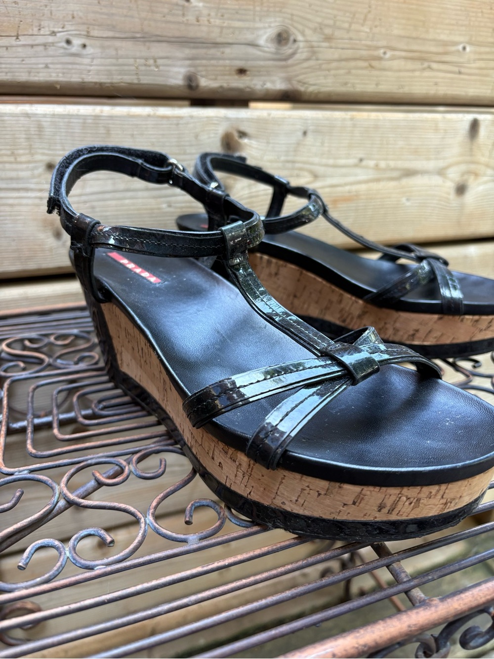 Prada | Black Patent Leather Cork Wedge Sandals